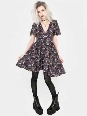 DISTURBIA Modern Mystic button up witchy print mini dress